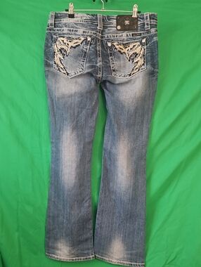 Miss Me Blue Distressed Embroidered Back-Pocket Flare Jeans